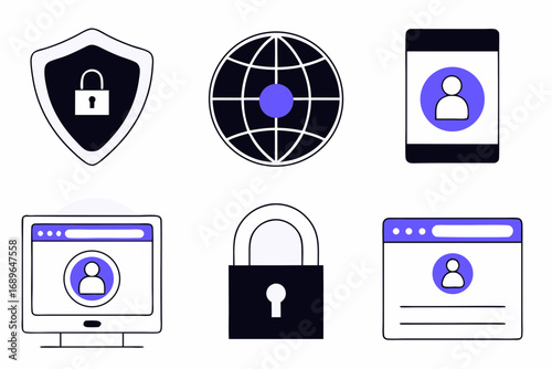 Collection of modern flat design icons representing digital security privacy and online safety concepts