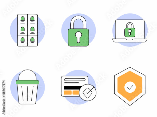 Collection of modern flat design icons representing security concepts like data protection privacy and digital safety