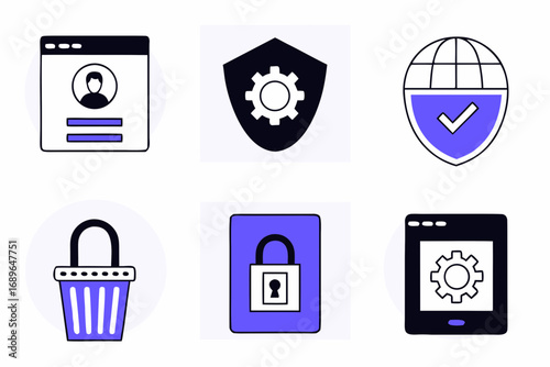 Collection of modern flat icons representing security privacy and online services with a clean and simple design