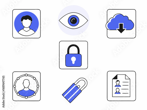 Collection of modern flat icons representing security privacy data protection cloud storage and user profiles
