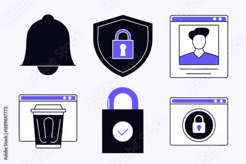 Collection of modern flat icons representing security privacy notification trash and profile information on a light background