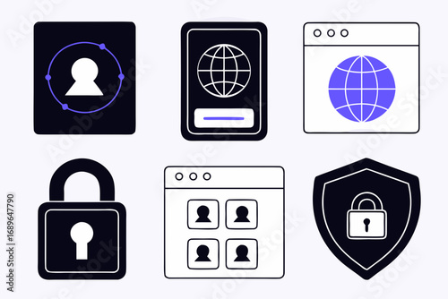 Collection of modern flat icons representing security privacy identity and global network access concepts