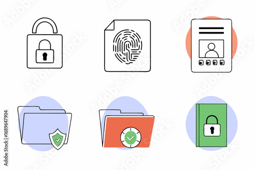 Collection of security and privacy icons including a padlock fingerprint id card folders and a book