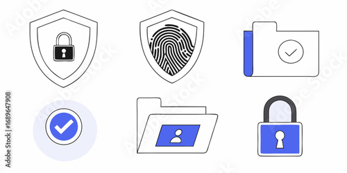 Collection of security and privacy icons including a fingerprint padlock folder and checkmark