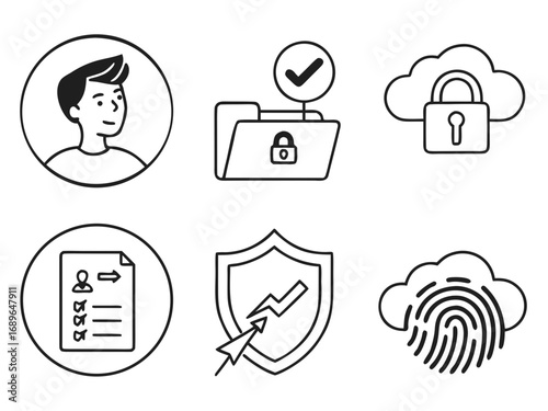 Collection of security and data protection icons representing user profile secure files cloud storage personal information and identity verification