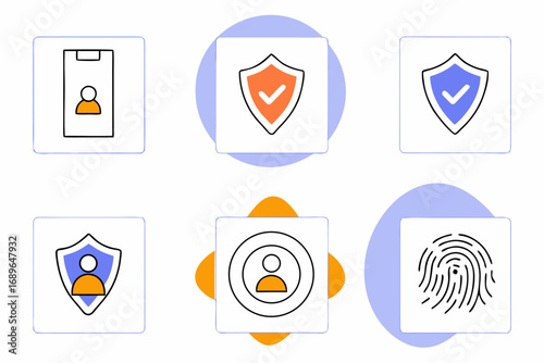 Collection of security and privacy icons including fingerprint user profile and shield with checkmark