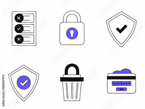 Collection of security and privacy related icons including a checklist lock shield and trash can