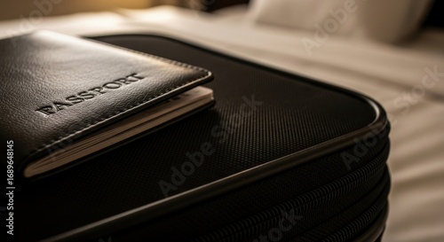 Leather Passport Resting on Black Suitcase Ready for International Travel
