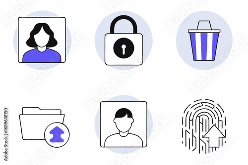 Collection of six modern flat design icons representing user profile security deletion file upload and fingerprint identification