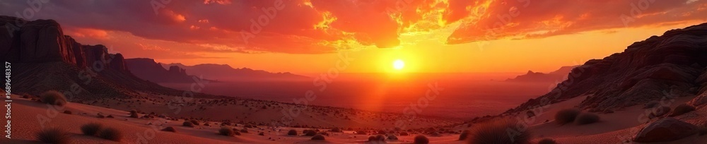 Fototapeta premium Fiery Sunset over Desert Landscape Aries Zodiac Sign, Rugged Terrain, Dramatic Light, Vibrant Colors, Symbol of Leadership and Untamed Energy