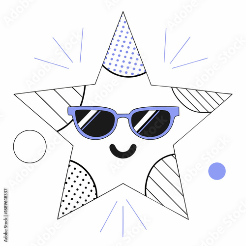 Cool cartoon star wearing sunglasses and a party hat with abstract patterns and playful elements