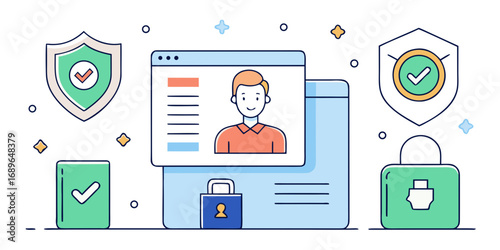 Digital identity security and personal data protection concept with user profile and shields