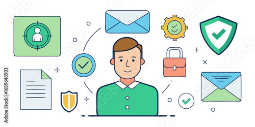 Digital security and privacy concept with user and security icons surrounding him