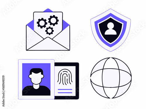 Digital security and privacy concepts represented by icons including an envelope with gears a shield with a person a tablet with a fingerprint and a globe