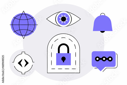 Digital security and privacy concepts represented by icons including a globe eye lock code bell and chat bubble