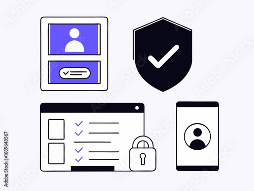 Digital security and privacy icons including profile shield checklist and smartphone with user icon