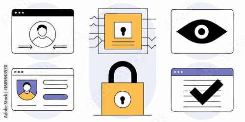 Digital security and privacy icons representing user authentication data protection surveillance and verified access