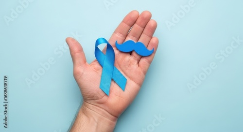 Blue Ribbon and Moustache Symbolizing Men's Health Awareness and Prostate Cancer Support