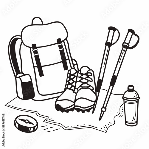 Essential outdoor adventure gear including a backpack hiking boots trekking poles compass map and water bottle