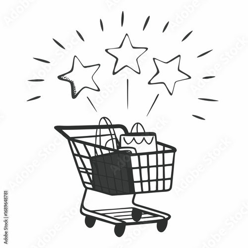 Doodle style shopping cart filled with bags and three shining stars above representing excellent customer satisfaction