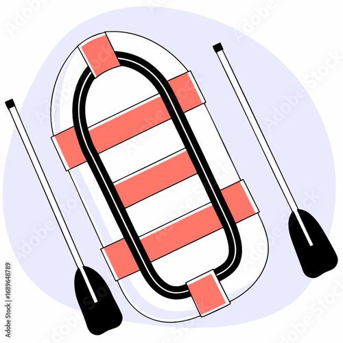 Flat design illustration of a white and coral inflatable raft with two black paddles on a light purple background