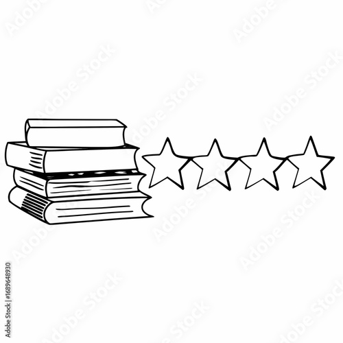 Hand drawn stack of books next to four empty stars symbolizing a rating or review of reading material