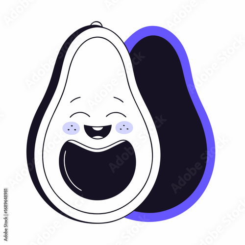 Joyful cartoon avocado character with a big smile and blushing cheeks against a dark background