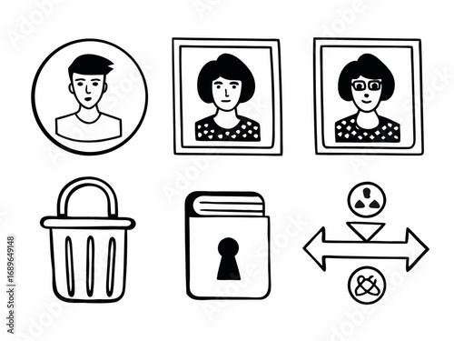 Set of hand drawn doodle icons including user profiles trash can locked book and data transfer symbols