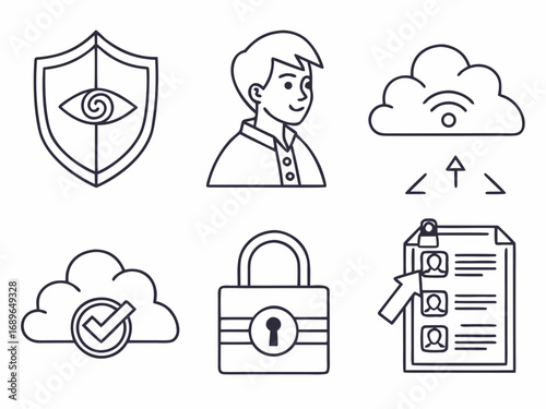 Set of six simple outline icons representing security privacy cloud computing user profile and data protection concepts