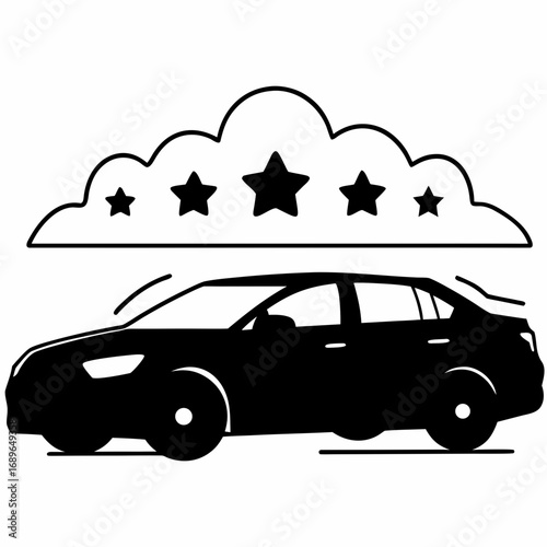 Silhouette of a luxury sedan driving under a cloud with stars symbolizing a premium or award winning vehicle