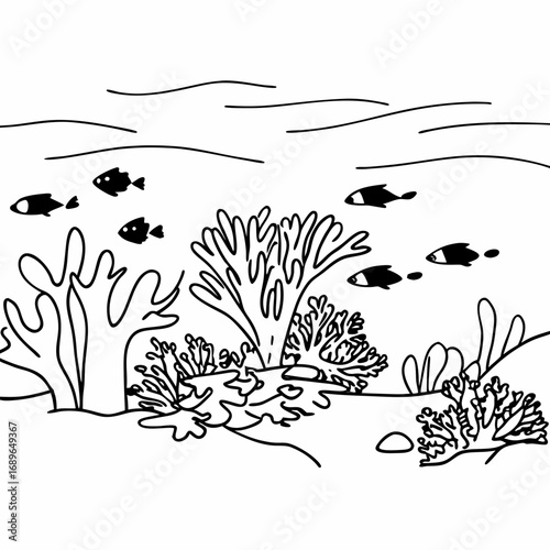 Simple black and white line drawing of a coral reef with small fish swimming in the ocean water