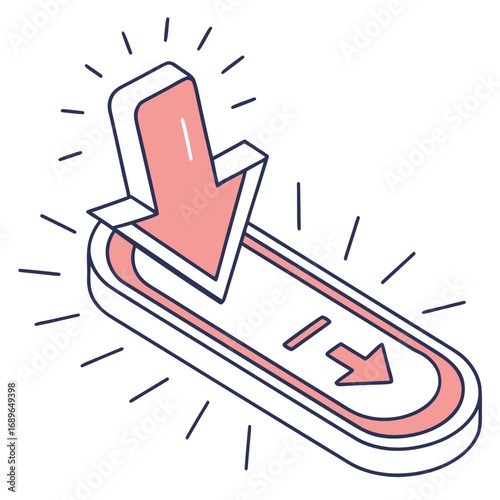 Stylized 3d isometric arrow pointing downward into a slot with a downward arrow indicator