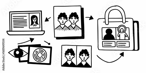 Visual representation of a recruitment process flowchart with candidate photos and a shopping bag icon