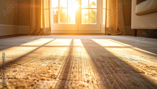 Wallpaper Mural Sunlight streams in through a white-framed glass door onto a light-colored, textured floor. Shadow bars create patterns. A partial view of a light-colored sofa is visible Torontodigital.ca