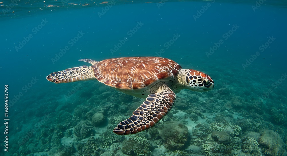 Obraz premium Sea turtle swimming in clear blue ocean water.