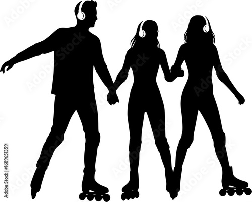 Three silhouette figures holding hands wearing headphones and roller skates in a black and white image | editable eps vectors
