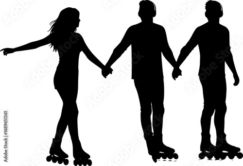 Three silhouette figures holding hands wearing headphones and roller skates in a black and white image | editable eps vectors
