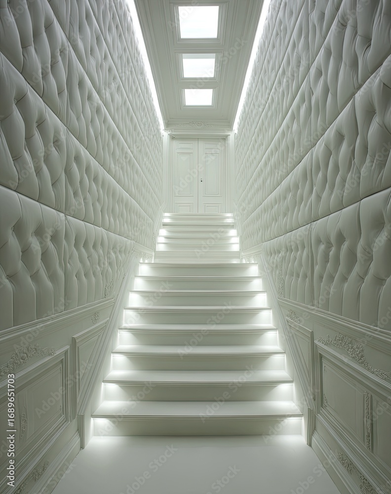 Obraz premium A sophisticated, monochromatic hallway with ornate details and a grand staircase, bathed in soft, ambient light.