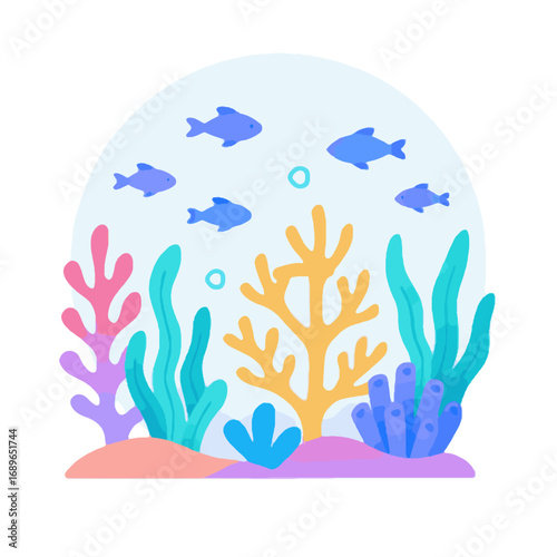Vector illustration of clean ocean ecosystem with coral reef, fish, and seaweed in pastel colors