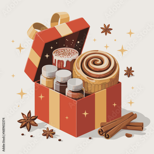 Chai Spice and Cinnamon Bun Gift Box Illustration