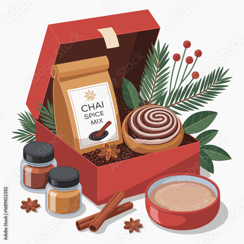 Chai Spice and Cinnamon Bun Gift Box Illustration