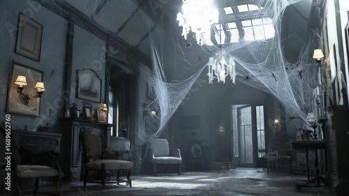 Spooky abandoned mansion filled with cobwebs and shadows
