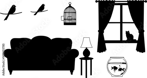 Illustration showcasing a sofa, bird, birdcage, cat, window with curtains, and a fishbowl with a fish inside it | editable eps vectors silhouette
