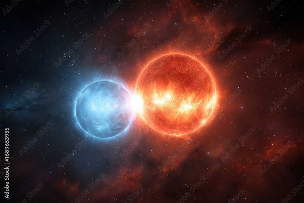 Obraz premium Two star systems in harmonious orbit creating a stunning cosmic display within a vibrant interstellar backdrop