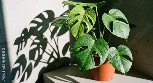 Monstera Adansonii plant in terracotta pot with water droplets and leaf shadow on wall