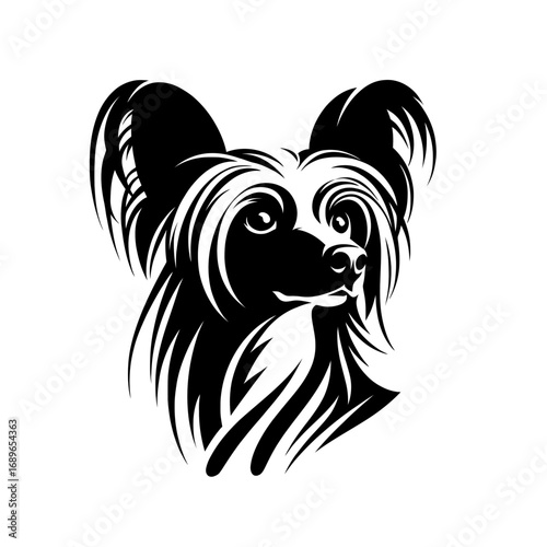 Vector illustration of chinese crested dog in black strokes and lines. Family pet, love and care for animals, adoption fair. Types of breeds, decoration for grooming salon or vet clinic	