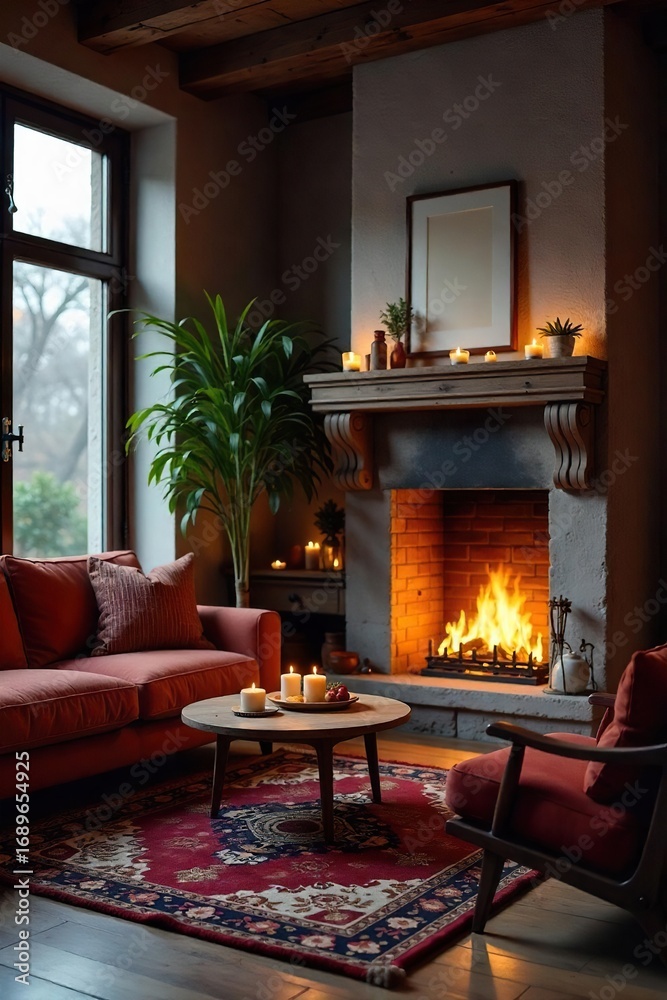 Fototapeta premium Cozy living room interior with fireplace, warm lighting, and comfortable furniture, perfect for a relaxing evening at home , fireplace, fire, interior design