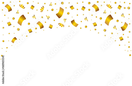 Gold falling serpentine and confetti background in arc shape. Shiny aesthetic banner. Vector festive sparkling golden backdrop