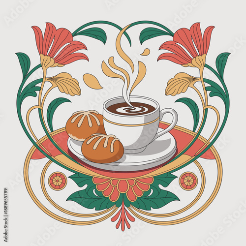 Art Nouveau Chai and Pastry Illustration