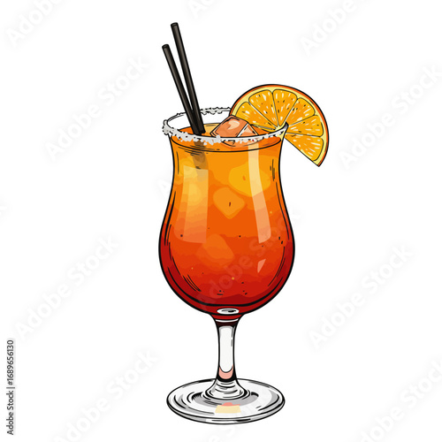 Colorful tequila sunrise cocktail with orange slice decor, vector illustration. Summer, vacations, weekend and holidays. Bars and restaurants drink menu	
